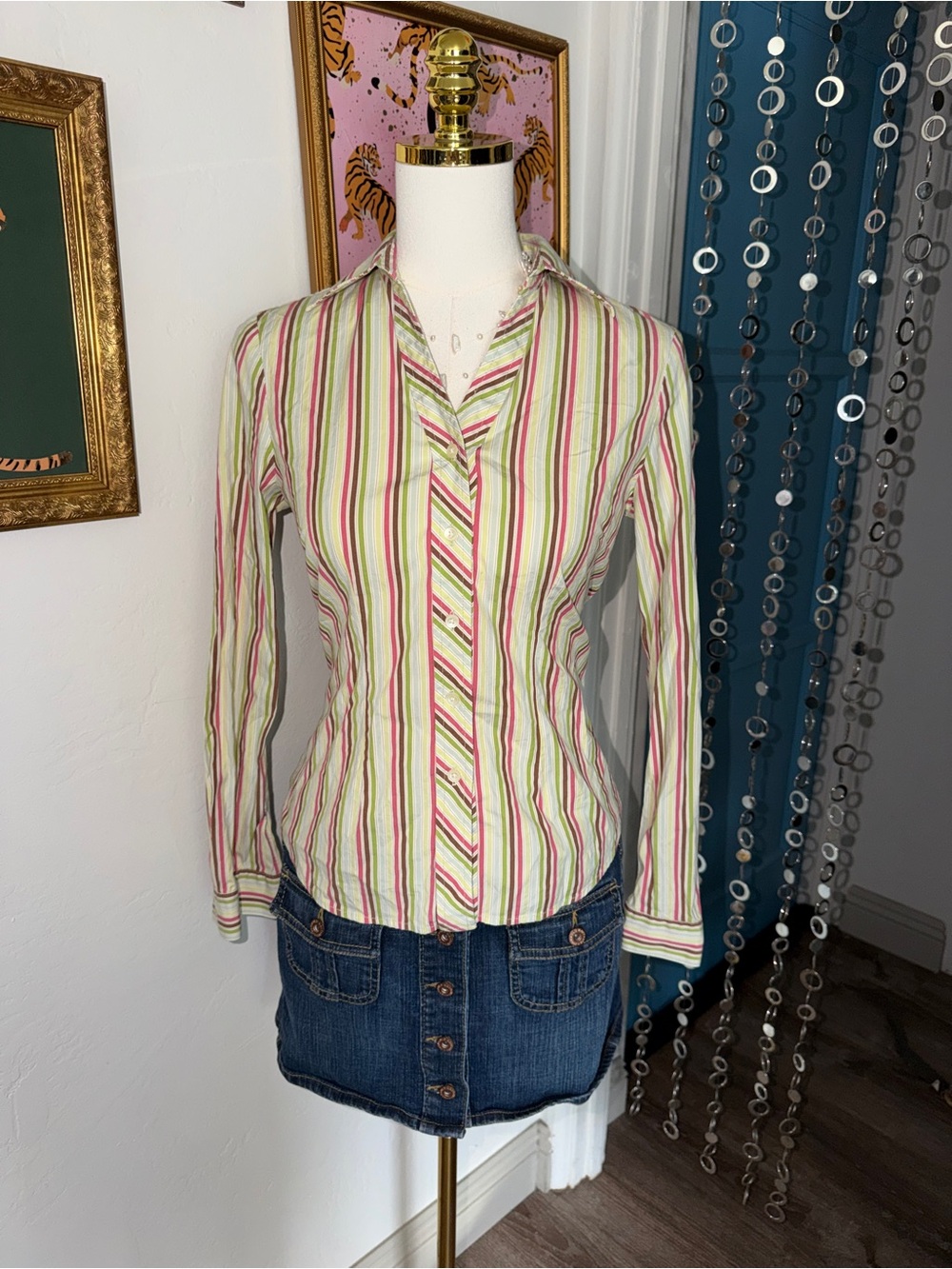 Vintage Y2K Striped Long-Sleeve Button Front Women's Shirt - Pink & Green